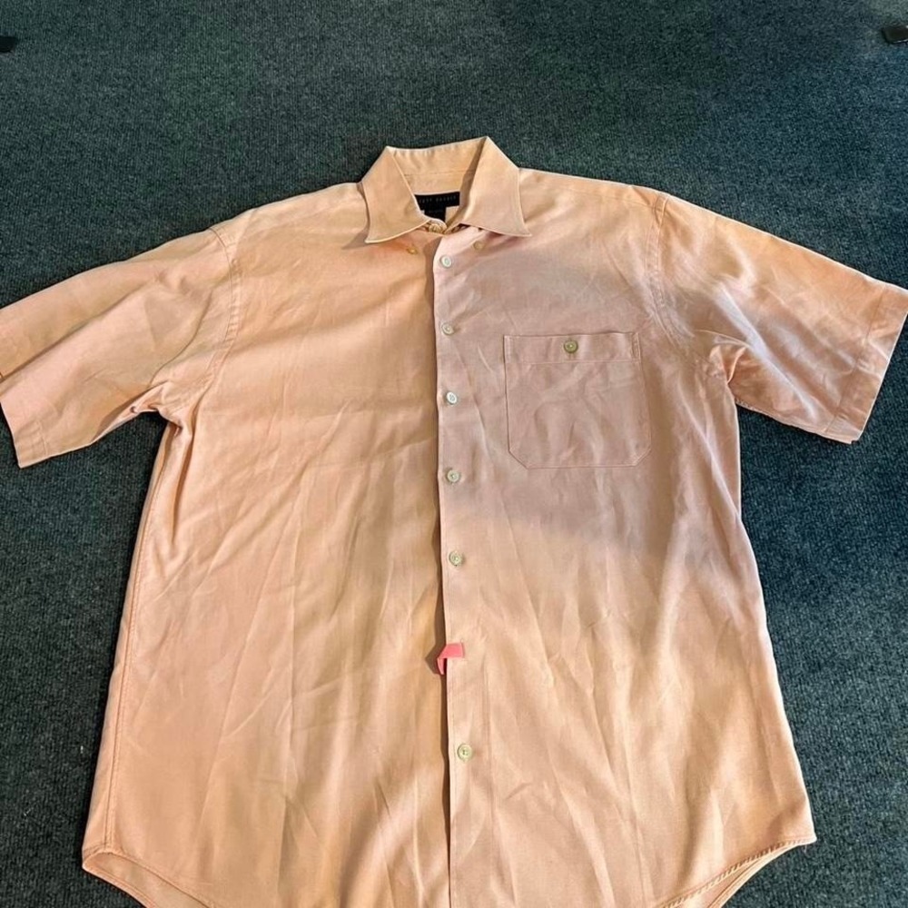 Scott Barber Mens Large Peach Short Sleeve Button Down 100% Cotton Shirt